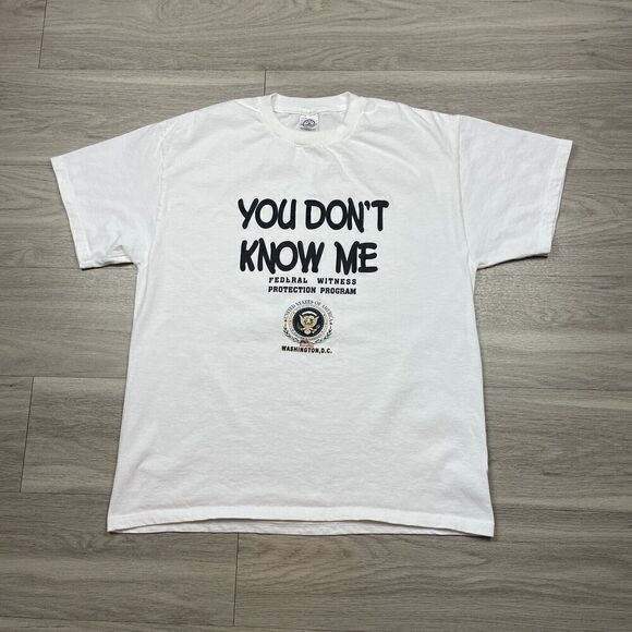 Vintage Shirt Mens Large White Funny You Dont Know Me Witness Protection 90s - Picture 1 of 8